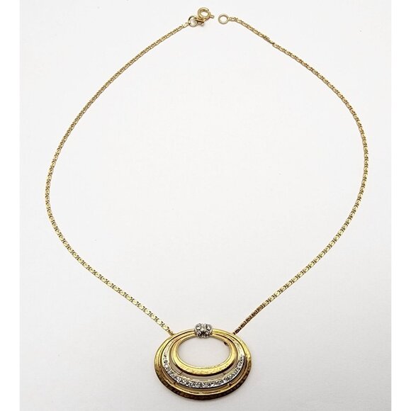 Vintage 18K Two Tone Multi Color Gold Diamond Oval Pendant Link Chain Necklace - Picture 6 of 16